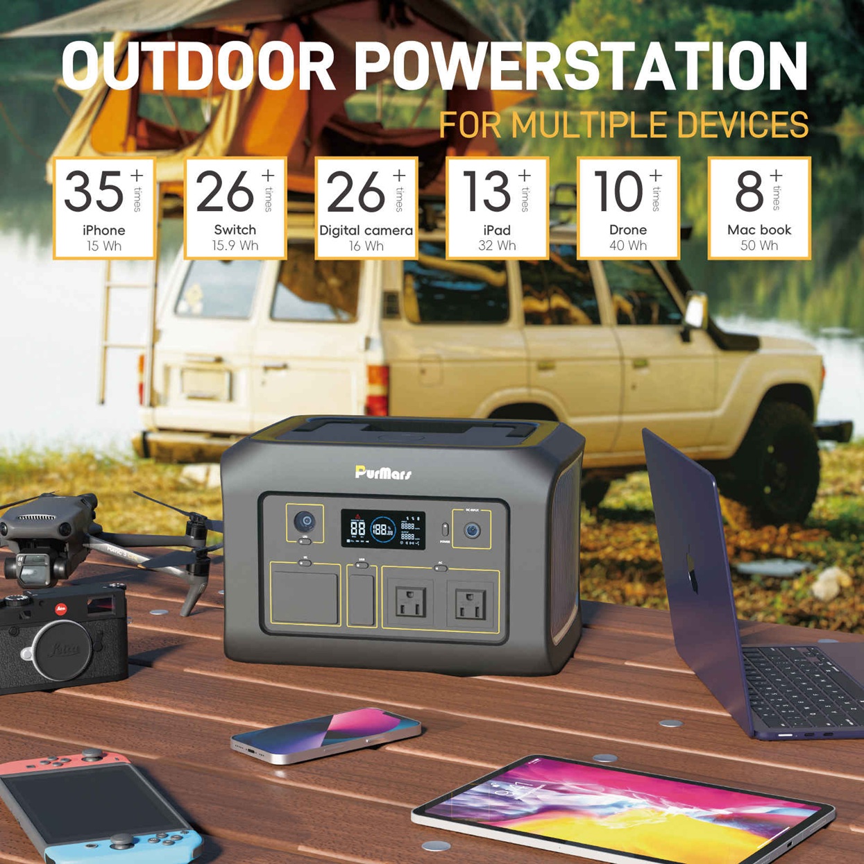 Outdoor power station charging multiple devices including iPhone, MacBook, and drone