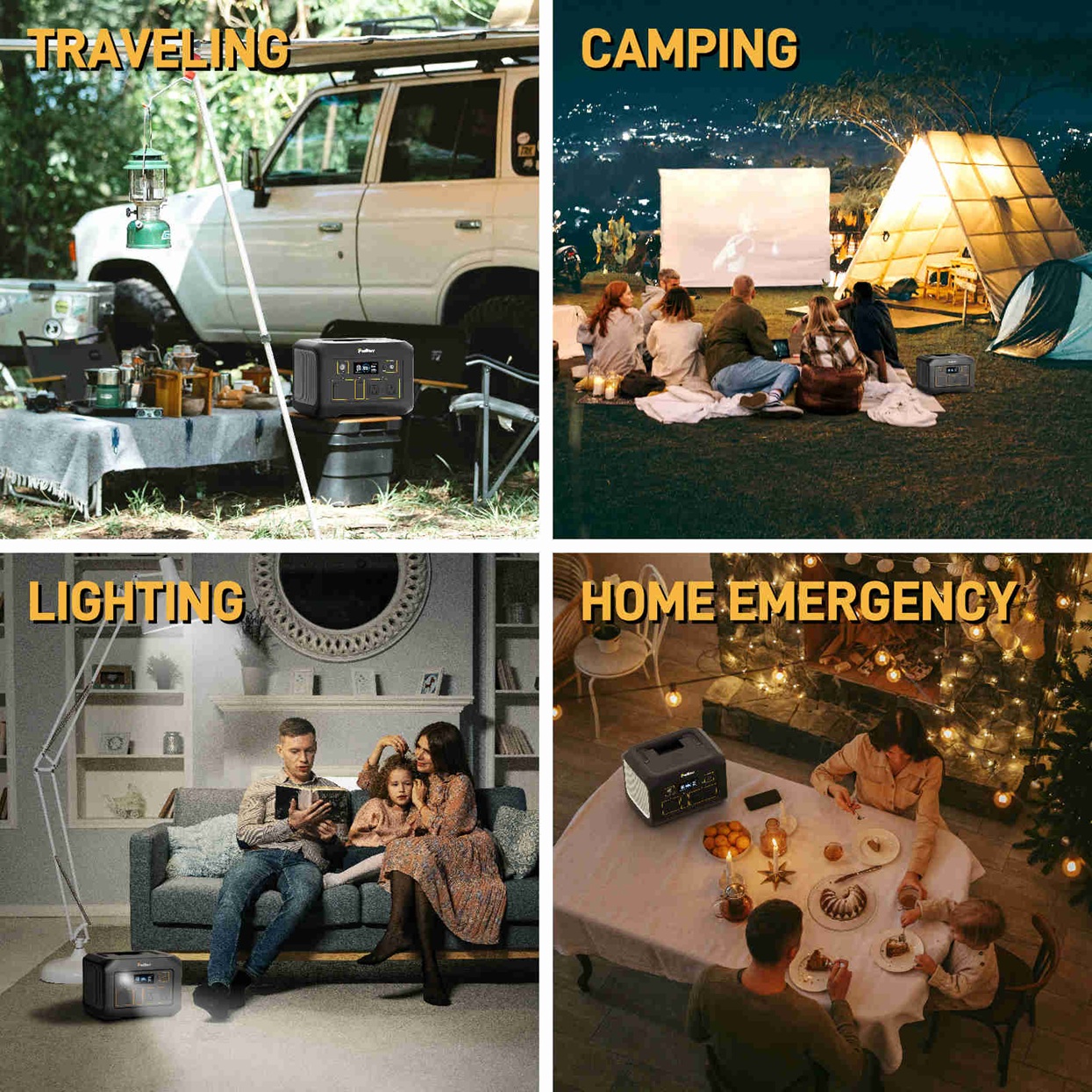 Use cases for outdoor portable power station: traveling, camping, lighting, and home emergency