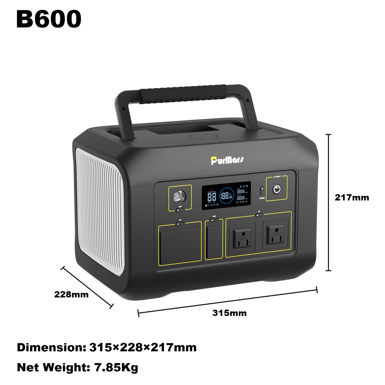 B600 portable power station dimensions and weight specifications