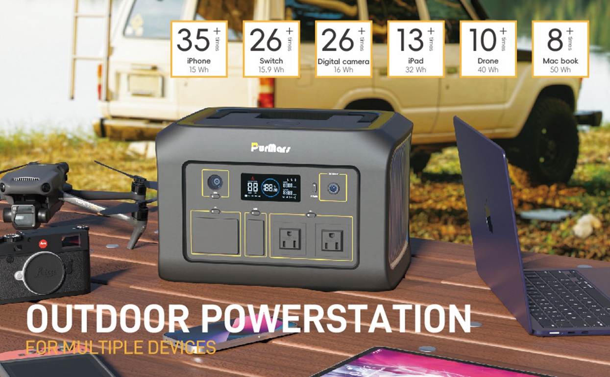 Outdoor power station providing 35+ iPhone charges and 8+ MacBook charges