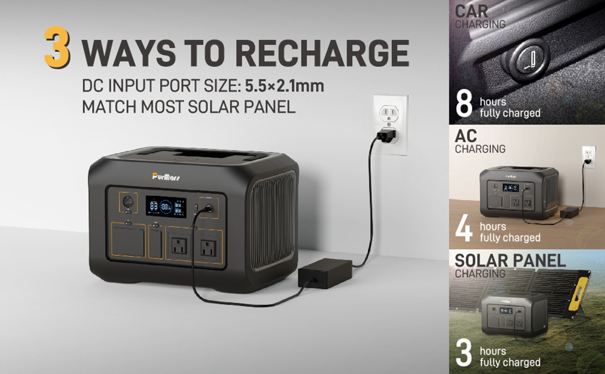 Three recharge methods: AC wall outlet, car charger, and solar panel compatibility