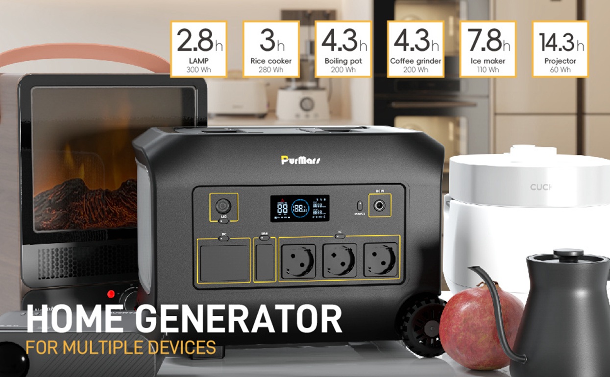The Purmars Portable Power Station B1200 supplies multiple devices: lights for 2.8 hours, a rice cooker for 3.0 hours, and an electric kettle for 4.3 hours.