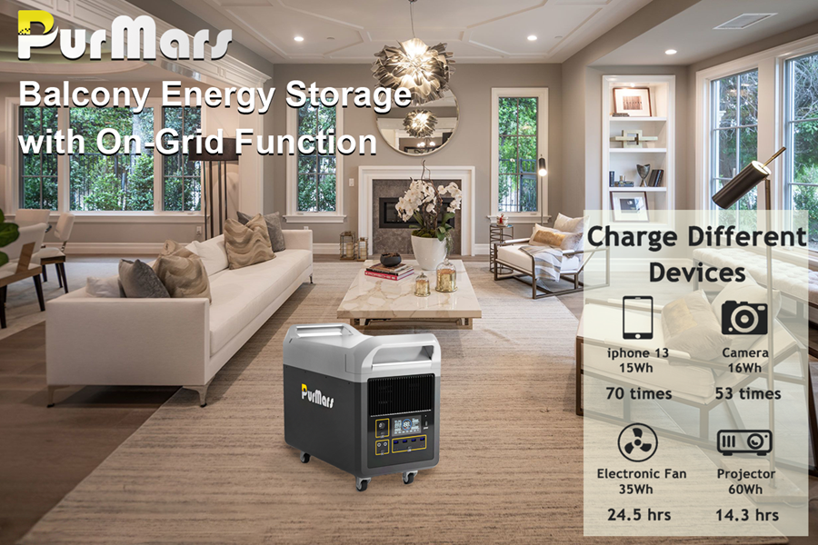 PurMars Balcony Energy Storage with On-Grid Function, Powers iPhone, Camera, Fan, Projector in Living Room Scene
