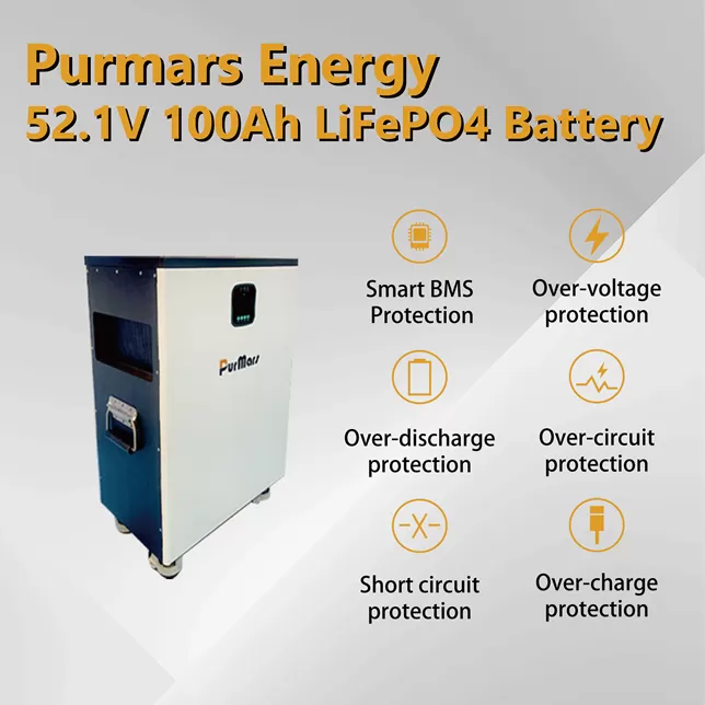 Purmars Energy 52.1V 100Ah LiFePO4 Battery with Smart BMS Protection Features